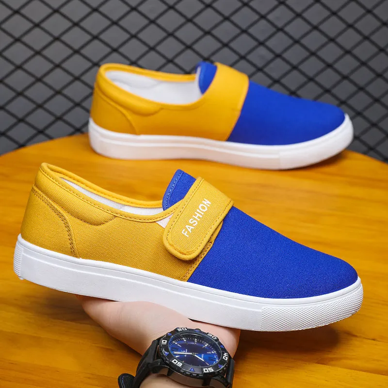 Men's canvas Velcro flat shoes in black low-top style with PVC sole