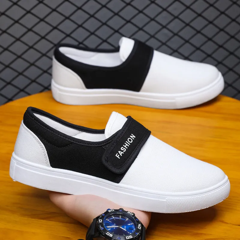Men's canvas Velcro flat shoes in black low-top style with PVC sole