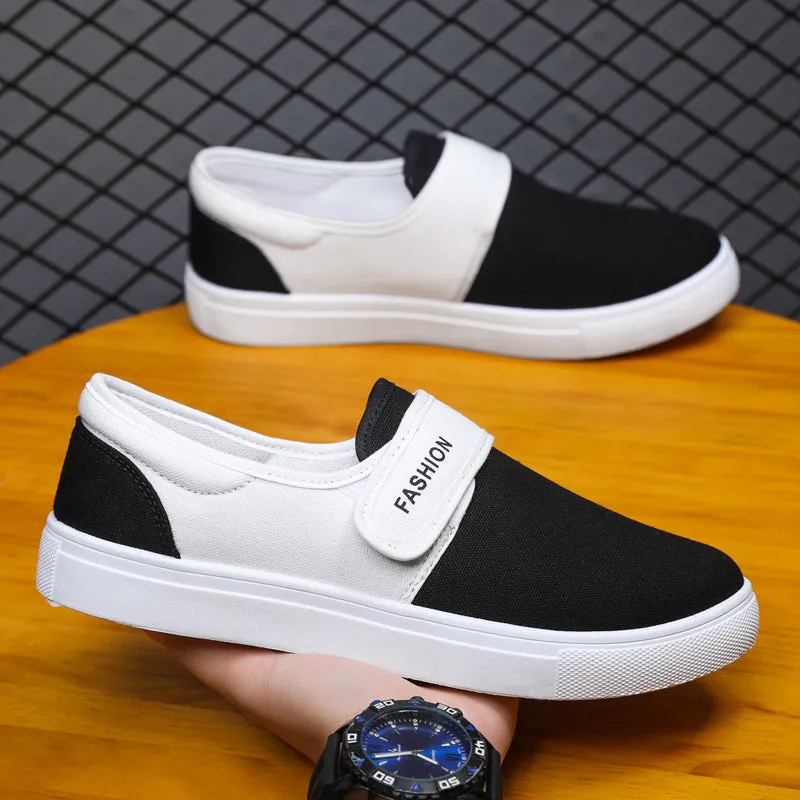 Men's canvas Velcro flat shoes in black low-top style with PVC sole