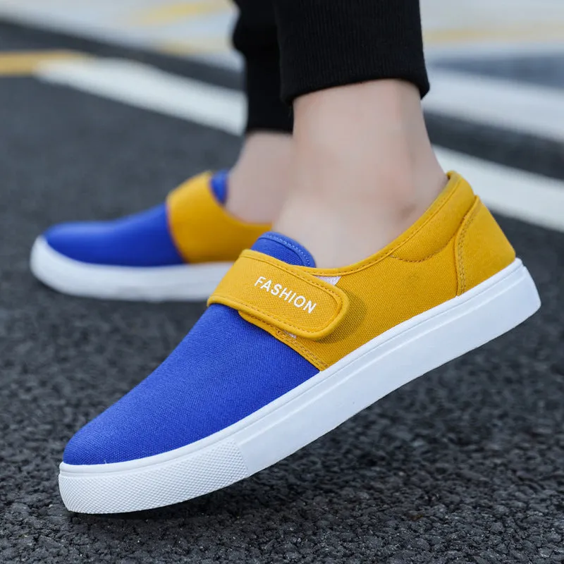 Men's canvas Velcro flat shoes in black low-top style with PVC sole