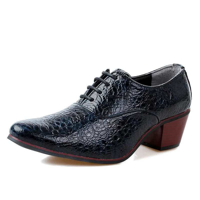 Men's casual pointed toe leather shoes in black with PU vamp and rubber sole