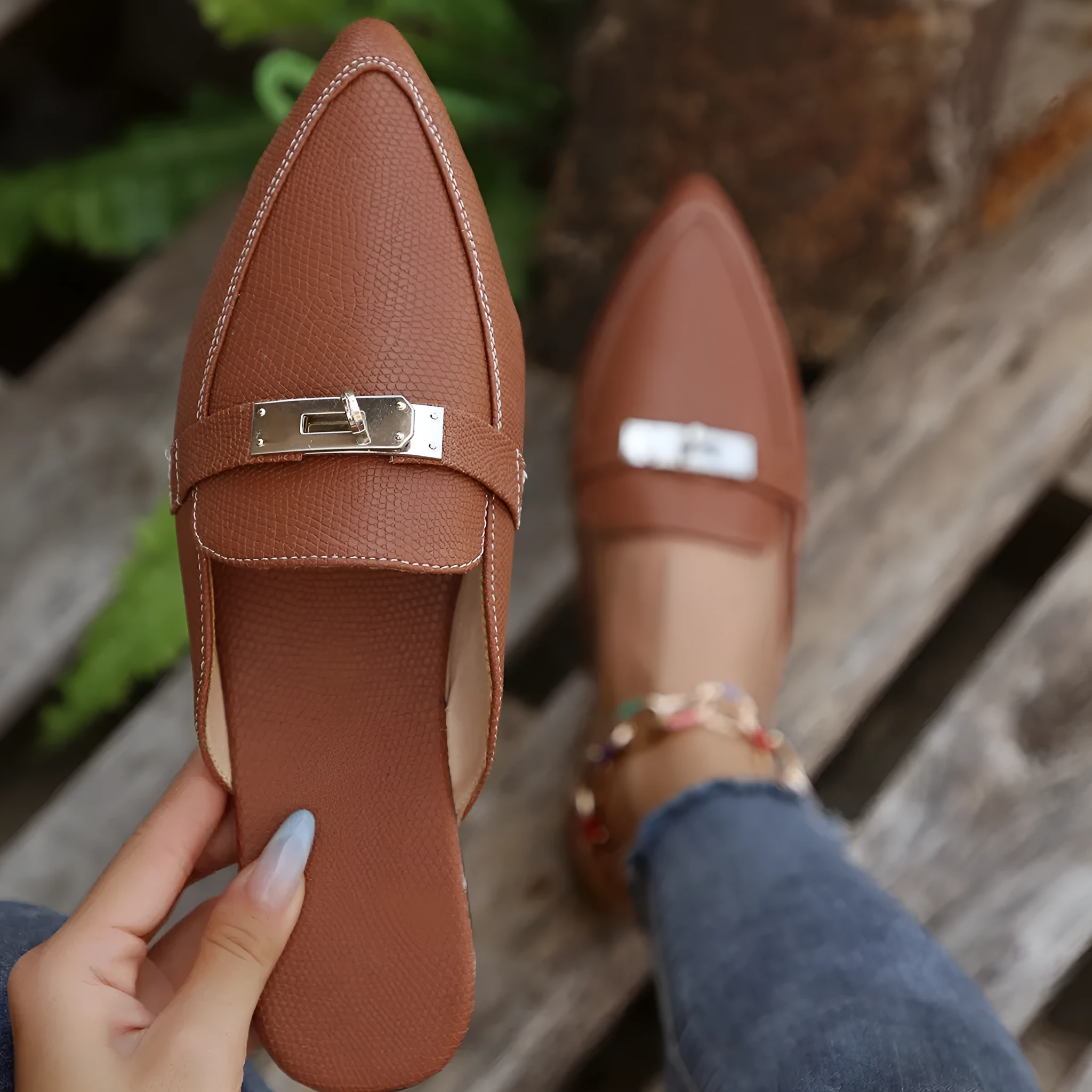 Light brown women's pointed toe slip-on shoes with low heel and rubber sole