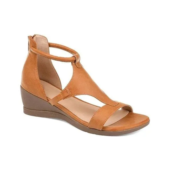 Summer wedges heel sandals casual women's Roman shoes back zipper artificial PU upper middle heel 3-5CM round toe plain pattern