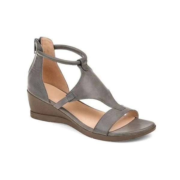 Summer wedges heel sandals casual women's Roman shoes back zipper artificial PU upper middle heel 3-5CM round toe plain pattern
