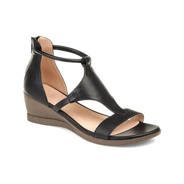 Summer wedges heel sandals casual women's Roman shoes back zipper artificial PU upper middle heel 3-5CM round toe plain pattern