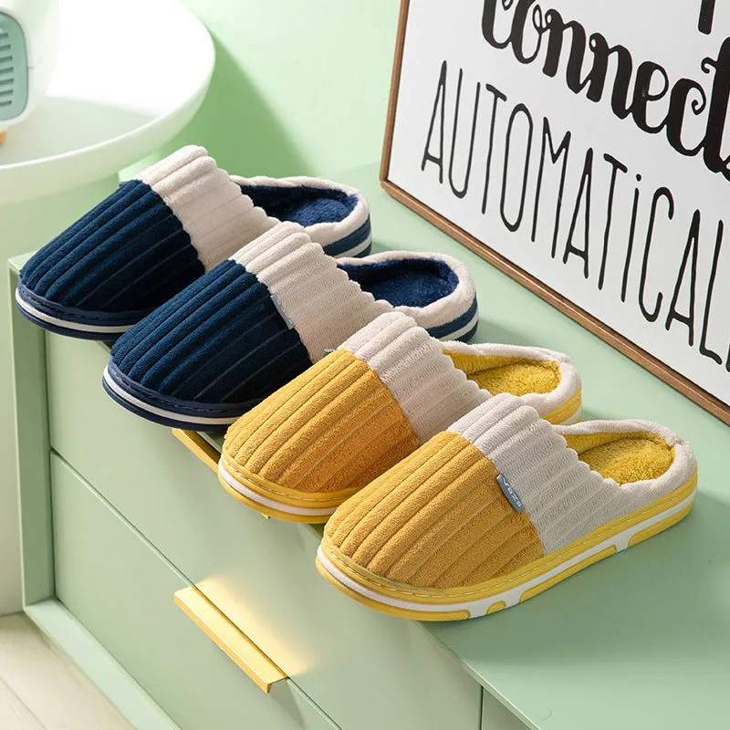 Unisex winter slippers in candy colour, suede upper, TPR sole, Baotou style, on a clean background.