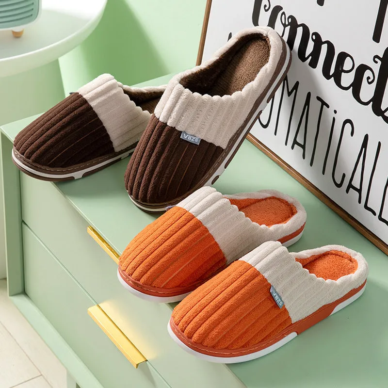 Unisex winter slippers in candy colour, suede upper, TPR sole, Baotou style, on a clean background.