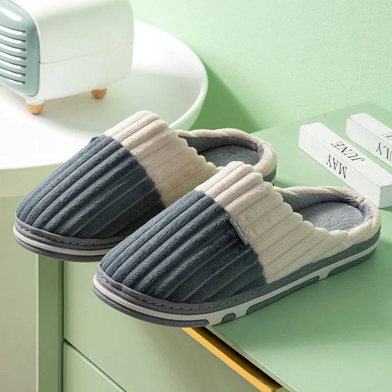 Unisex winter slippers in candy colour, suede upper, TPR sole, Baotou style, on a clean background.