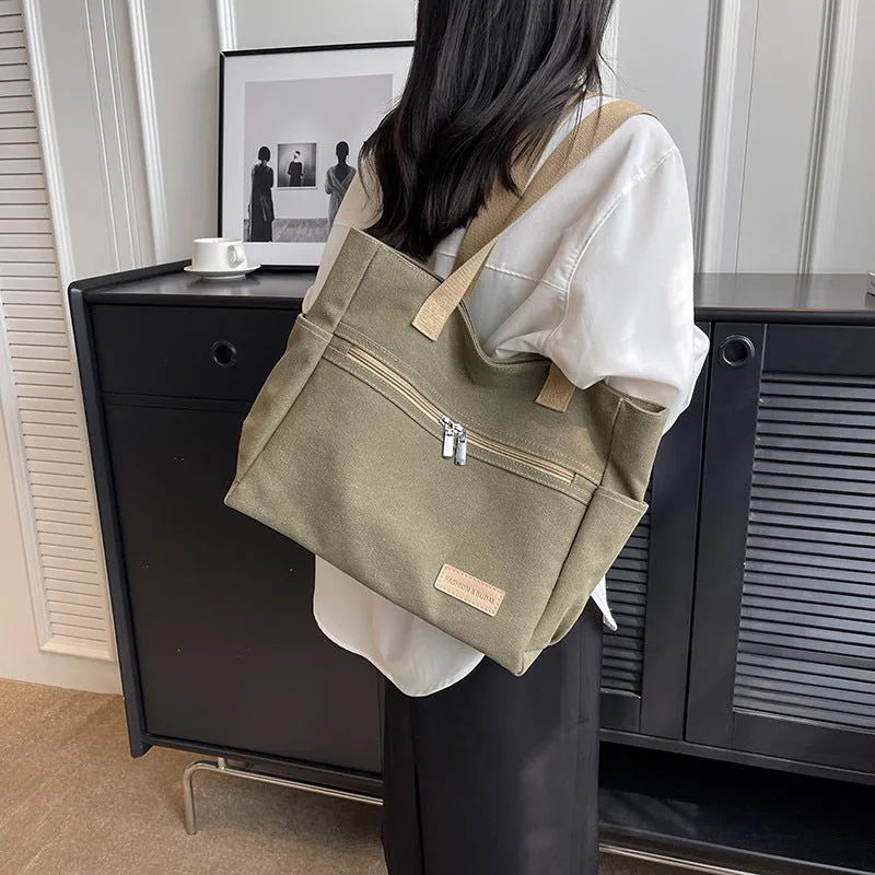 Canvas shoulder bag women's tote handbag in gray with contrast stitching and double shoulder straps