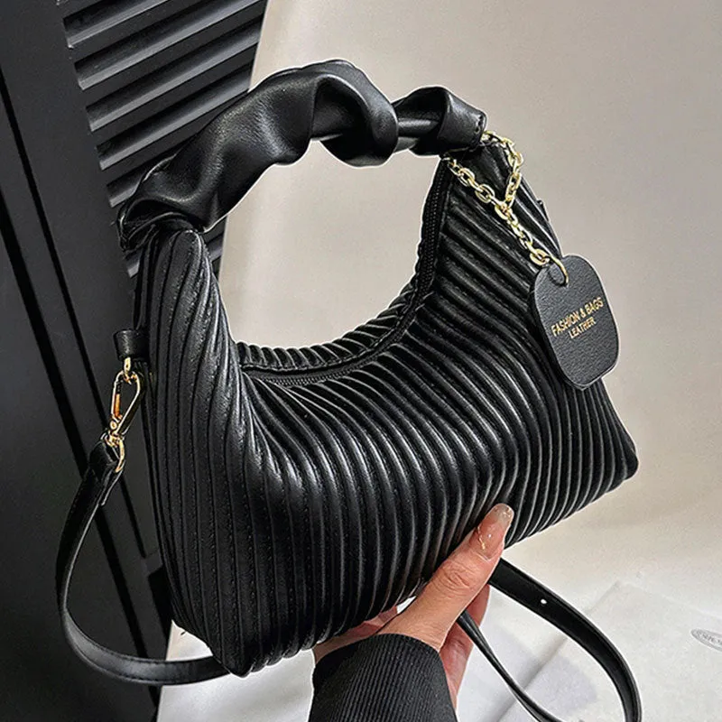 Women's PU leather pleated cloud crossbody bag in black front view