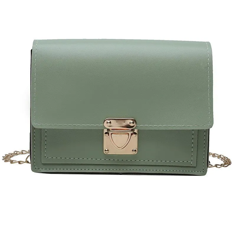 Women's PU leather small square messenger bag in beige with chain strap, 17x13x6cm.