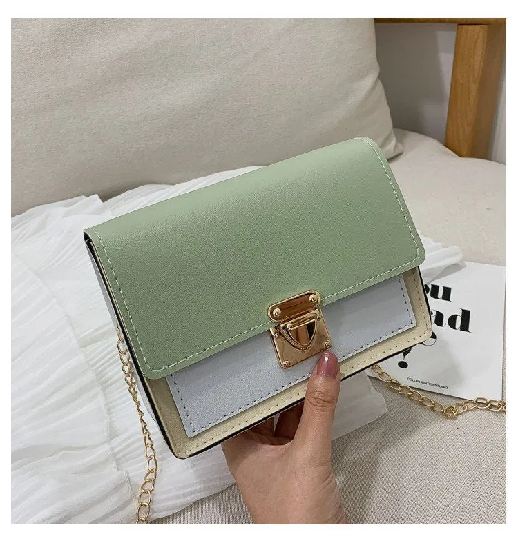 Women's PU leather small square messenger bag in beige with chain strap, 17x13x6cm.