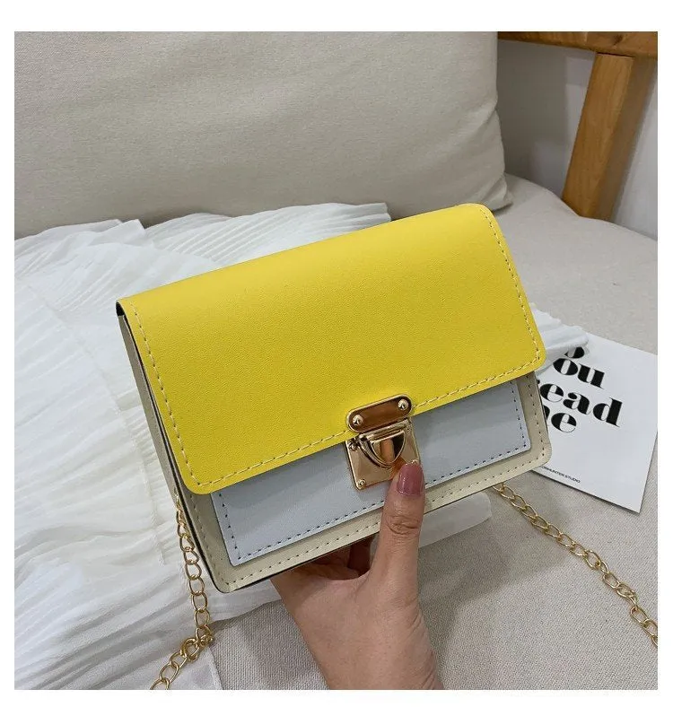 Women's PU leather small square messenger bag in beige with chain strap, 17x13x6cm.