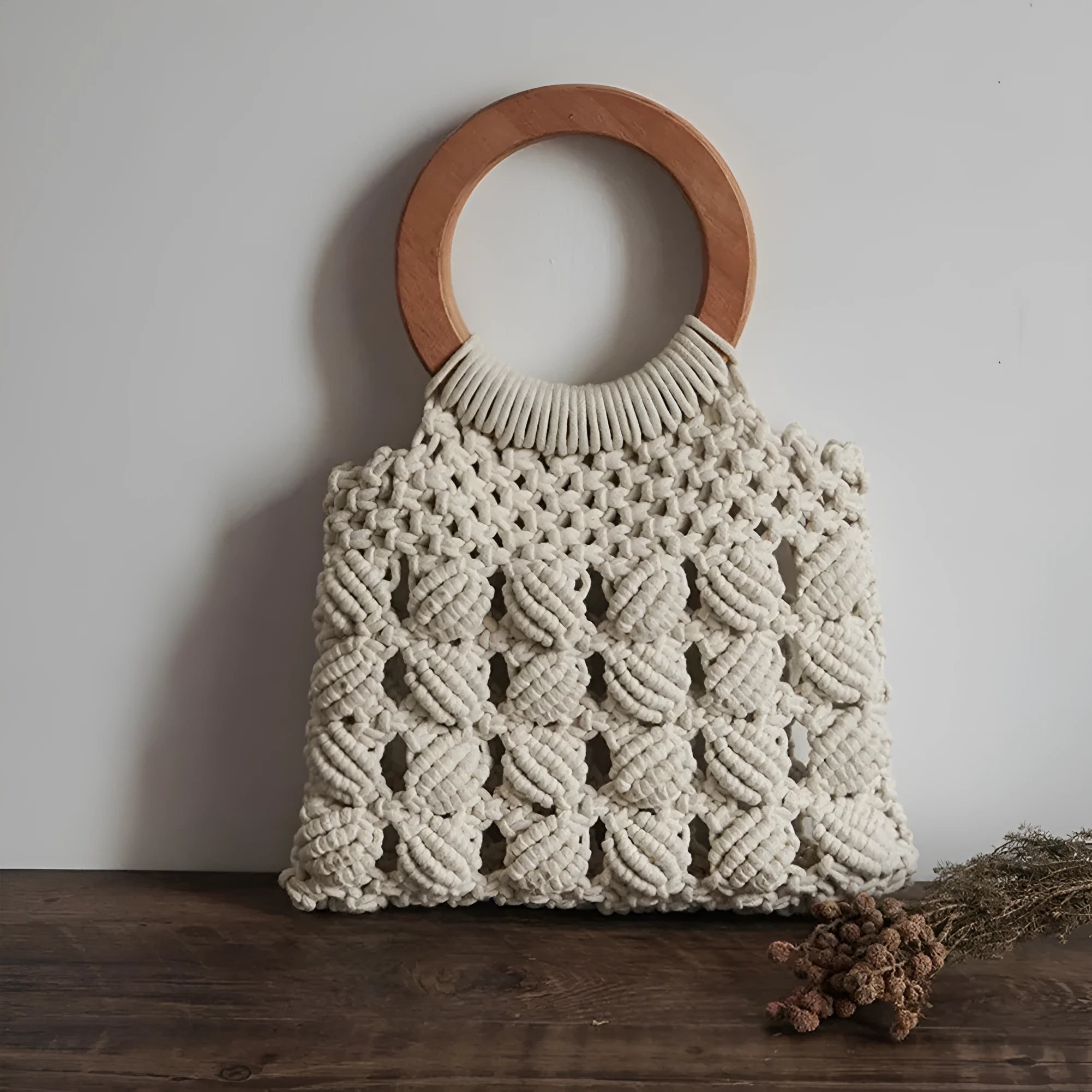 Fashion cotton rope straw women bag with round wooden handle, hollow weave, 28x30cm, brown colour