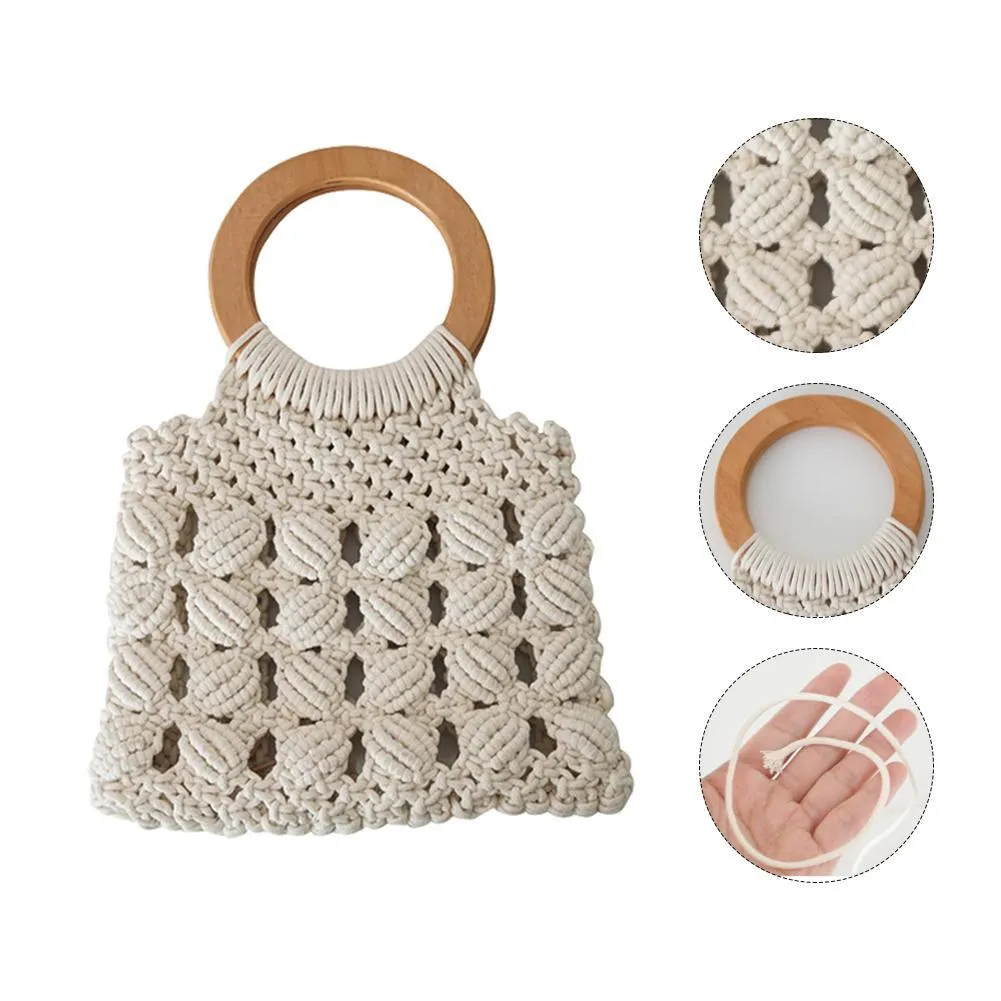 Fashion cotton rope straw women bag with round wooden handle, hollow weave, 28x30cm, brown colour