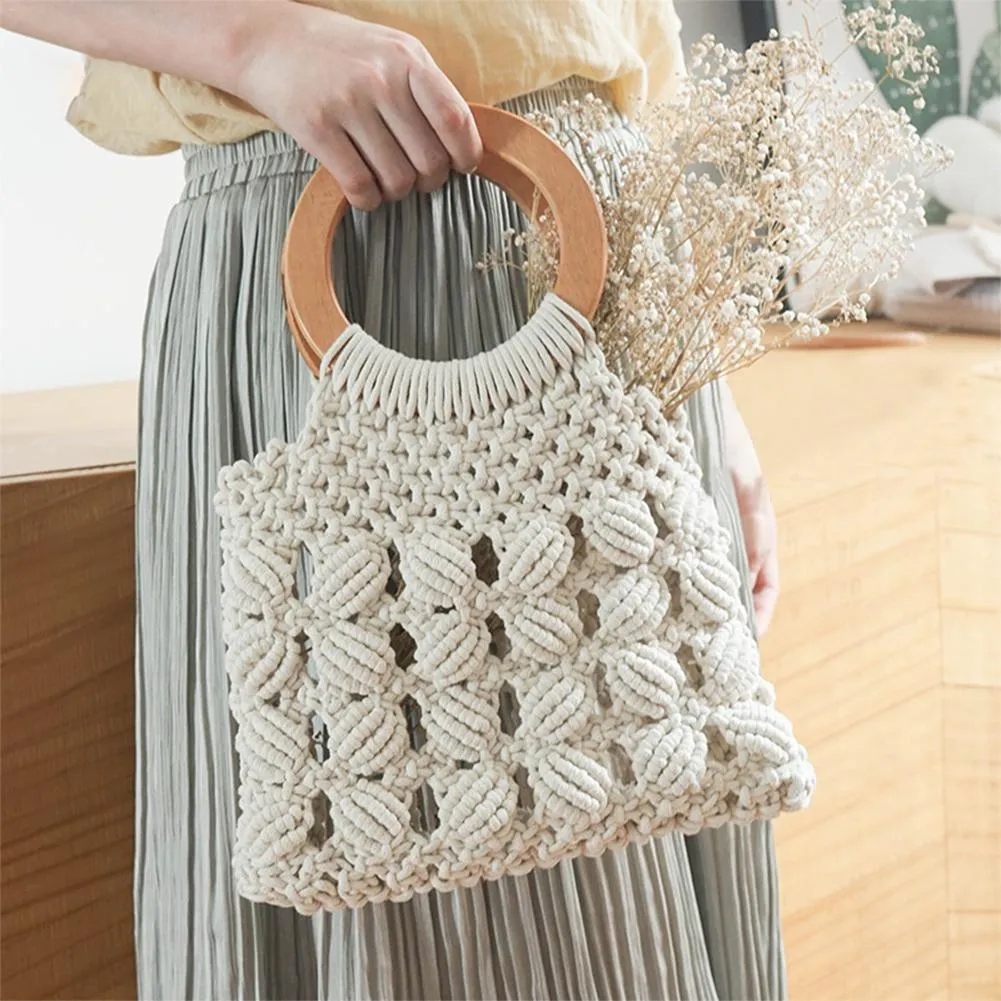 Fashion cotton rope straw women bag with round wooden handle, hollow weave, 28x30cm, brown colour