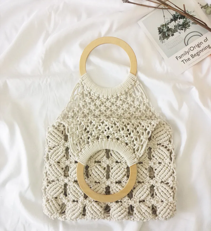 Fashion cotton rope straw women bag with round wooden handle, hollow weave, 28x30cm, brown colour
