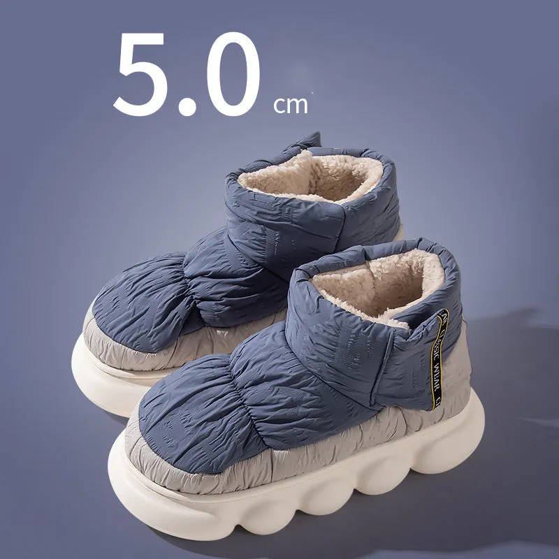 Women's winter ankle shoes in navy blue with down cloth upper, flat heel, and round toe