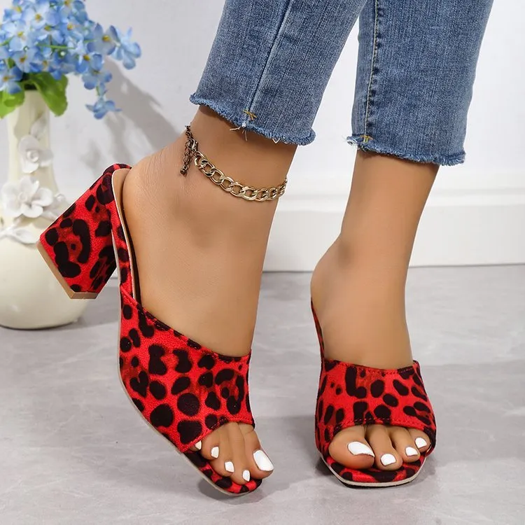 Leopard square toe chunky heel summer slippers for women in camel colour with rubber sole
