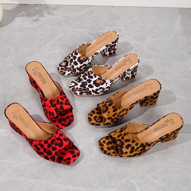 Leopard square toe chunky heel summer slippers for women in camel colour with rubber sole