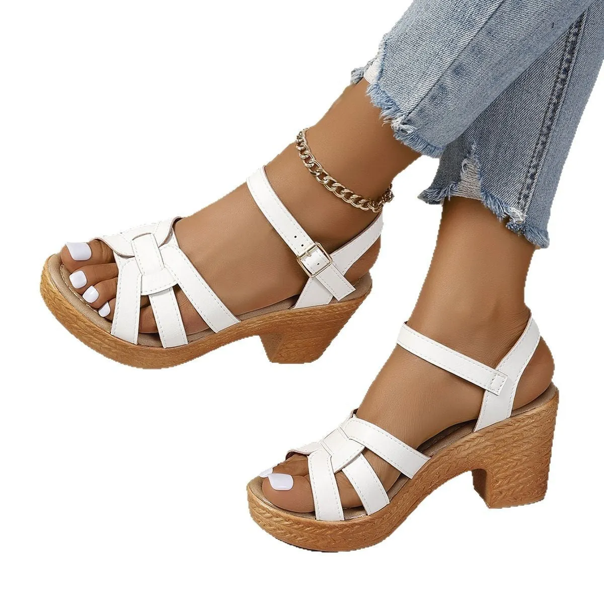 Plus size women's black peep toe sandals with chunky heel and ankle-strap buckle.