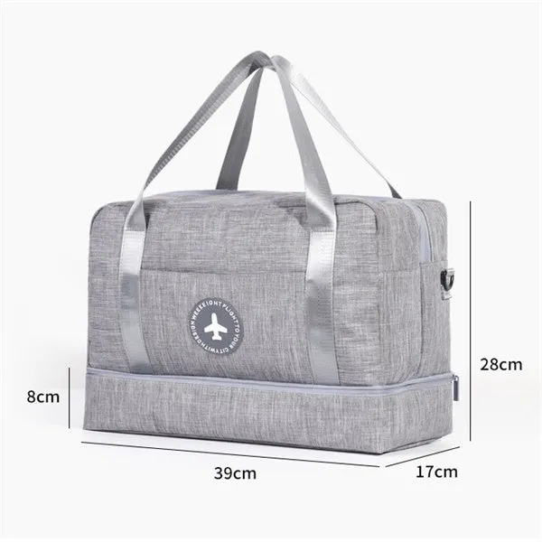 Dry and wet separation travel bag in purple made of waterproof cationic Oxford cloth, showing cube shape with double chambers