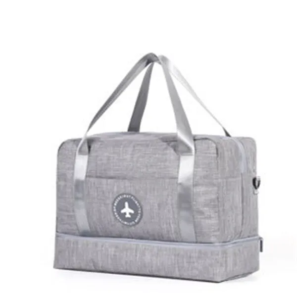 Dry and wet separation travel bag in purple made of waterproof cationic Oxford cloth, showing cube shape with double chambers