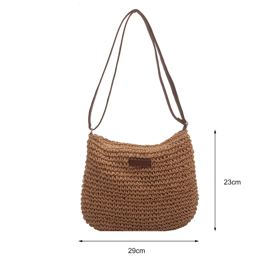Niche design medium straw tote bag in beige with zipper closure, horizontal square shape, woven material