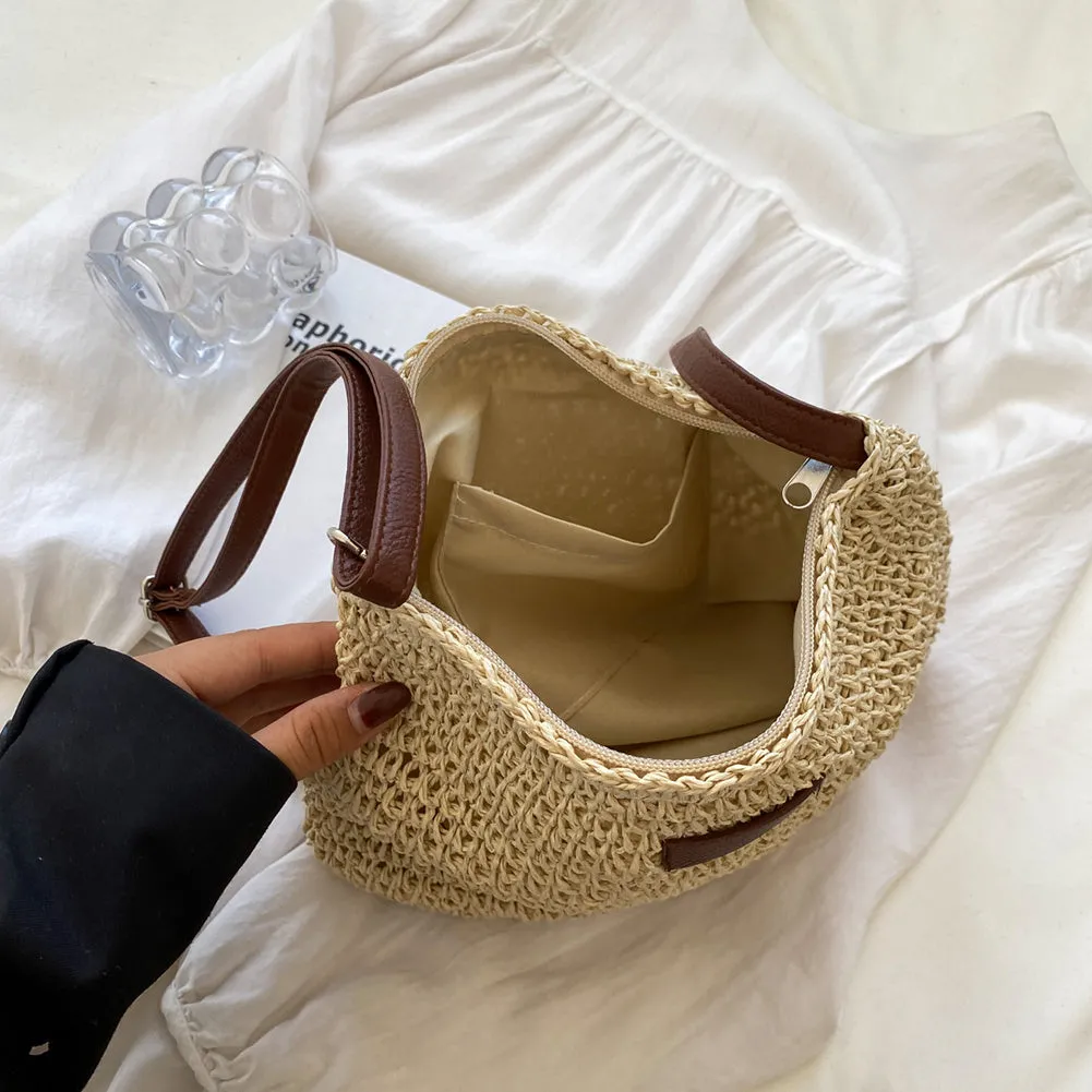 Niche design medium straw tote bag in beige with zipper closure, horizontal square shape, woven material