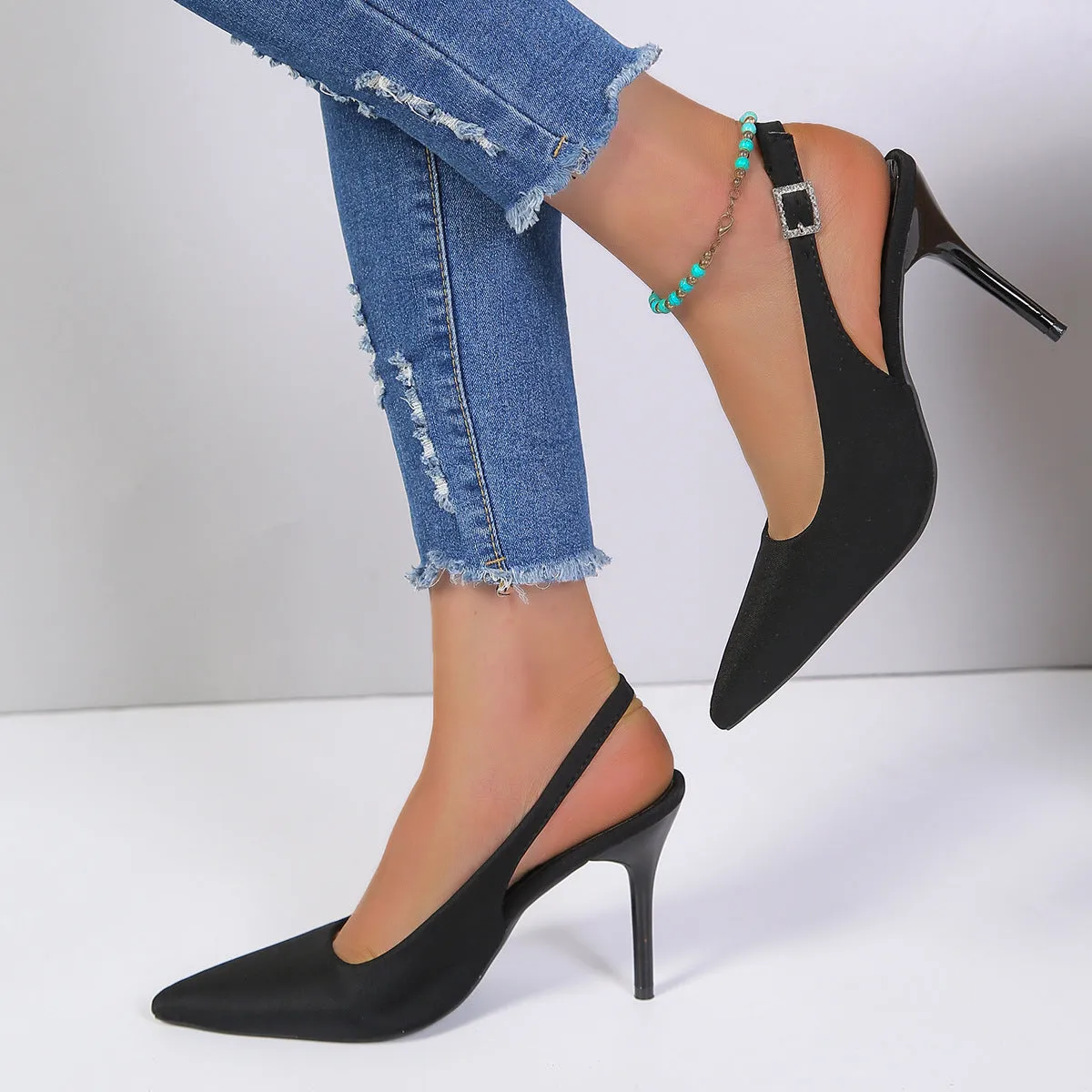 Women's pointed toe buckle sandals with stiletto heel, black PU upper, rubber sole