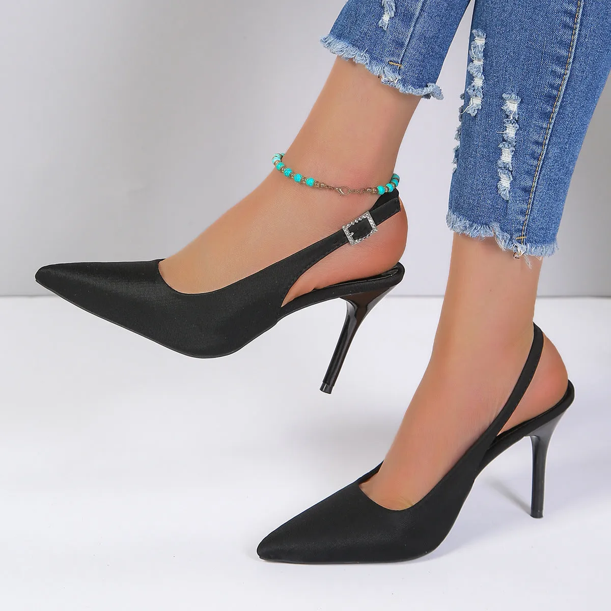 Women's pointed toe buckle sandals with stiletto heel, black PU upper, rubber sole