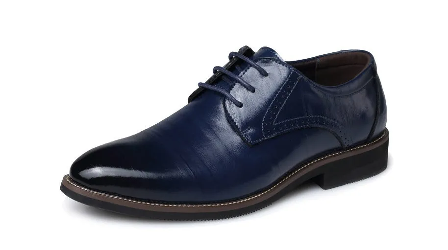 Men's plain toe dress shoes with rivet details, rubber sole, available in black, blue, brown, yellow, sizes 38-48