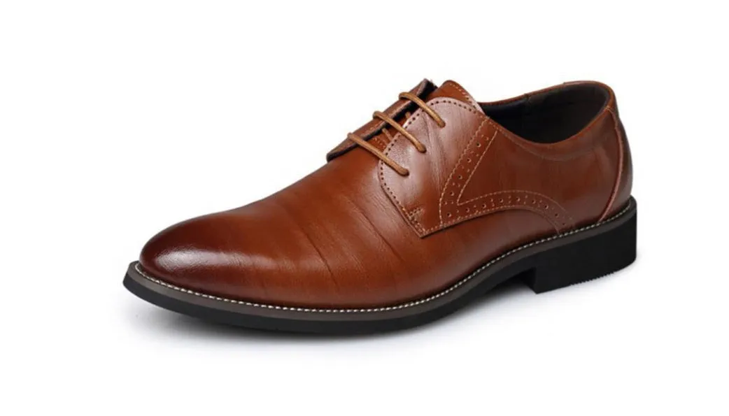 Men's plain toe dress shoes with rivet details, rubber sole, available in black, blue, brown, yellow, sizes 38-48