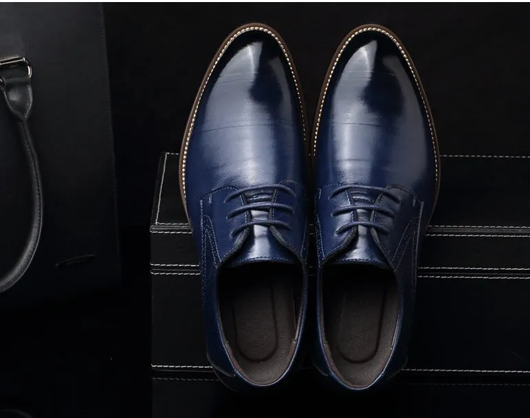 Men's plain toe dress shoes with rivet details, rubber sole, available in black, blue, brown, yellow, sizes 38-48