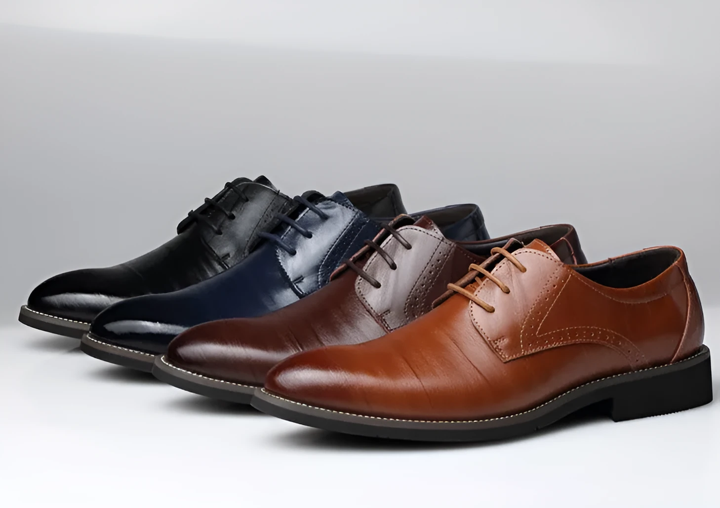 Men's plain toe dress shoes with rivet details, rubber sole, available in black, blue, brown, yellow, sizes 38-48