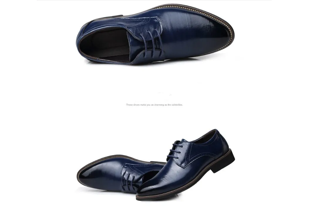 Men's plain toe dress shoes with rivet details, rubber sole, available in black, blue, brown, yellow, sizes 38-48