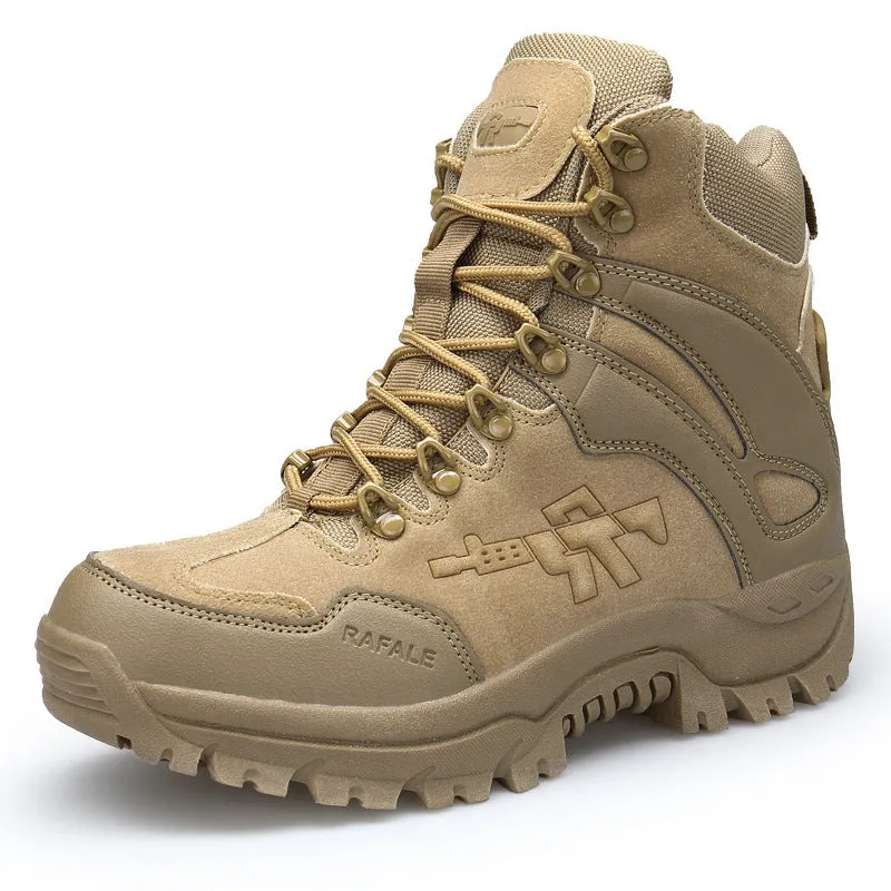 Men's suede military tactical desert boots with rubber sole and front tie in a neutral colour