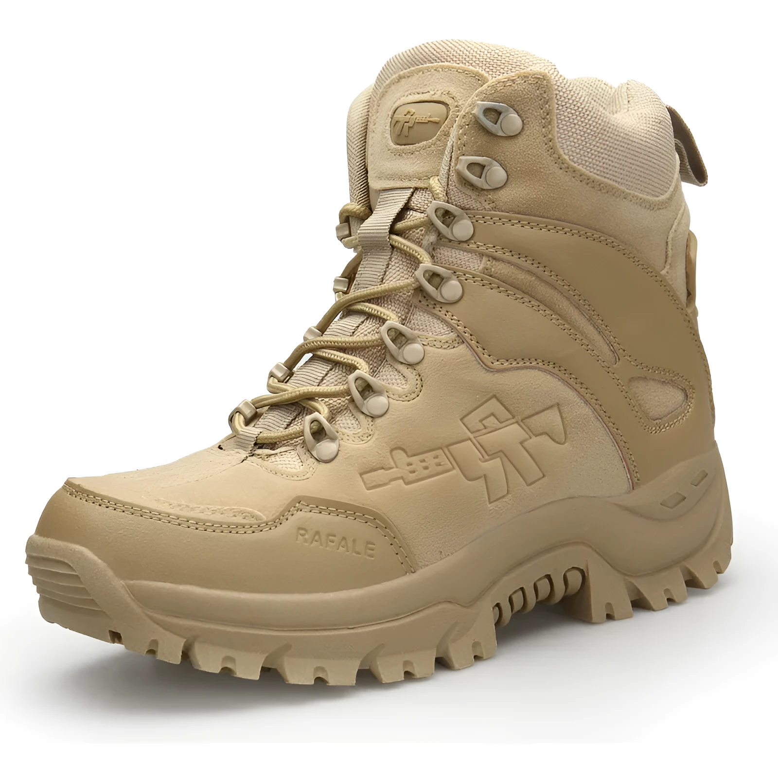Men's suede military tactical desert boots with rubber sole and front tie in a neutral colour