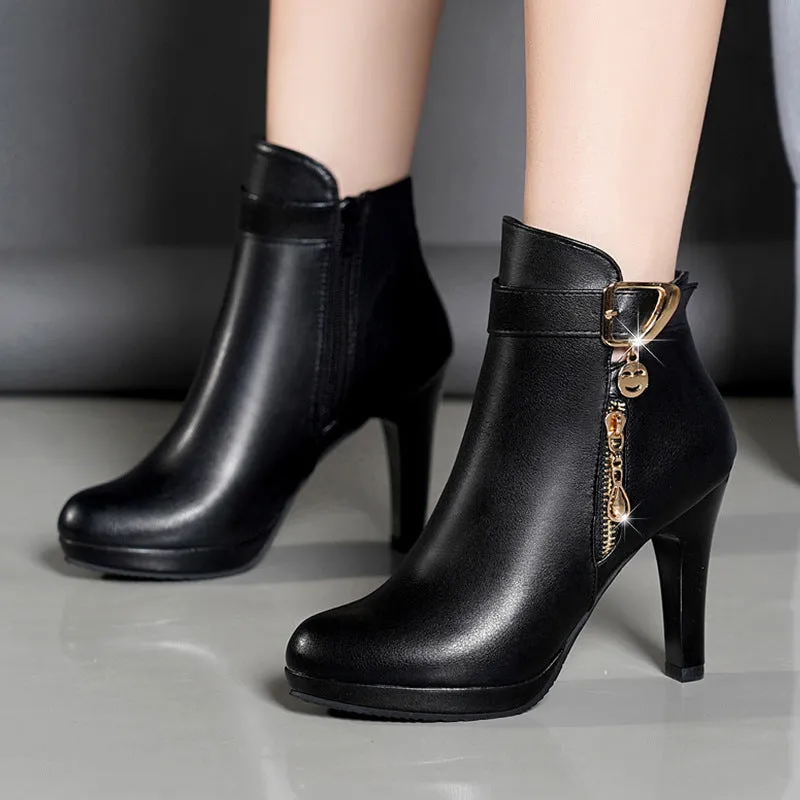 Women's autumn leather boots, pointed toe, high heel, black artificial PU, rubber sole