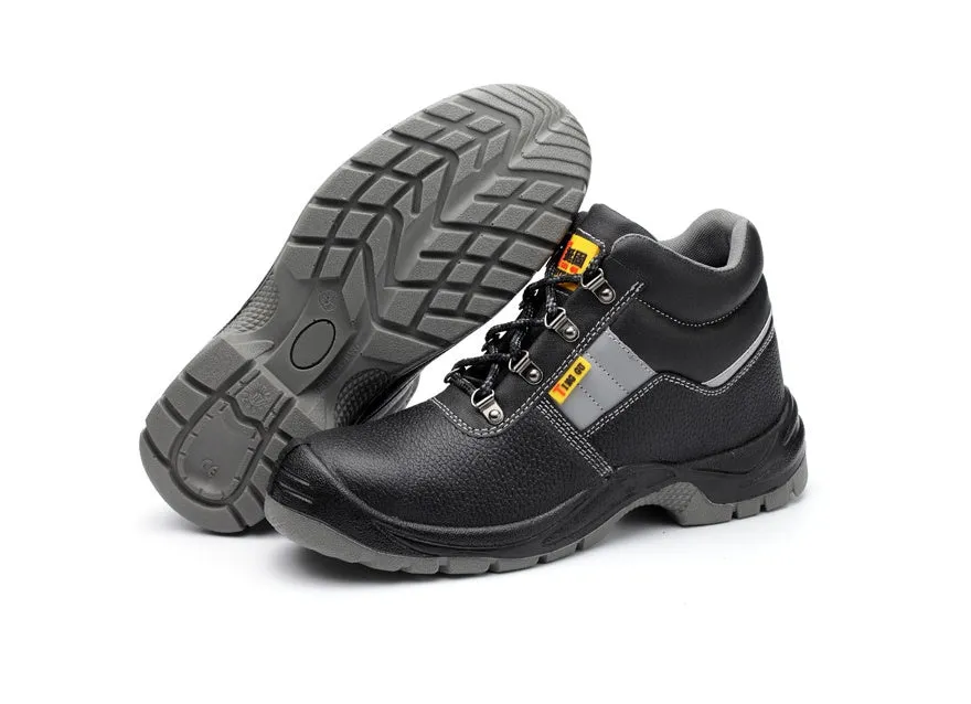Men's black steel toe safety boots with cowhide leather upper and high-top design