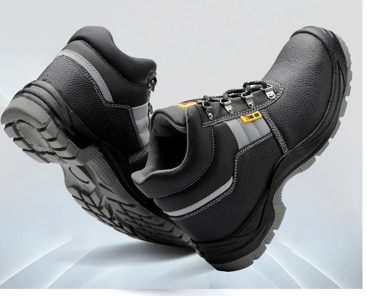 Men's black steel toe safety boots with cowhide leather upper and high-top design