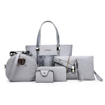 Women's shoulder bag set with handbag, wallet, card case in black, grey, white, rose red; square vertical shape with car stitching and zipper closure