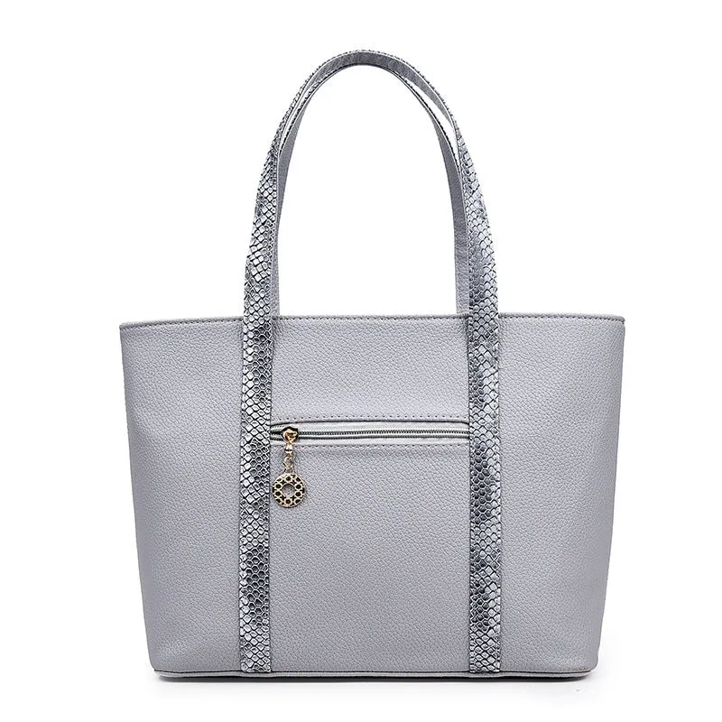 Women's shoulder bag set with handbag, wallet, card case in black, grey, white, rose red; square vertical shape with car stitching and zipper closure