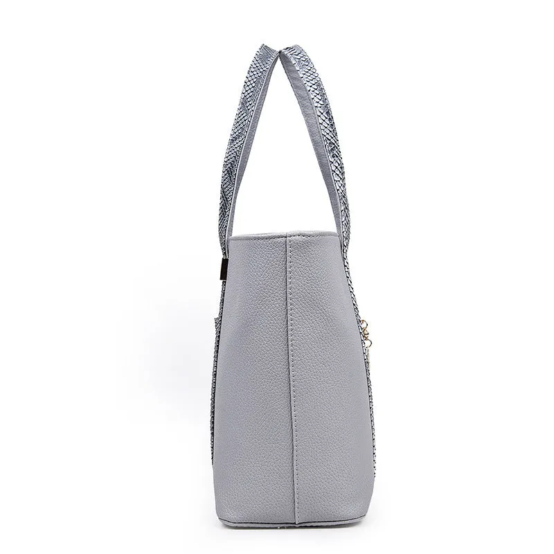Women's shoulder bag set with handbag, wallet, card case in black, grey, white, rose red; square vertical shape with car stitching and zipper closure