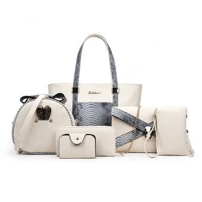 Women's shoulder bag set with handbag, wallet, card case in black, grey, white, rose red; square vertical shape with car stitching and zipper closure