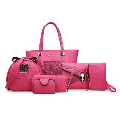 Women's shoulder bag set with handbag, wallet, card case in black, grey, white, rose red; square vertical shape with car stitching and zipper closure