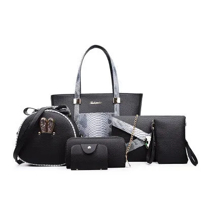 Women's shoulder bag set with handbag, wallet, card case in black, grey, white, rose red; square vertical shape with car stitching and zipper closure