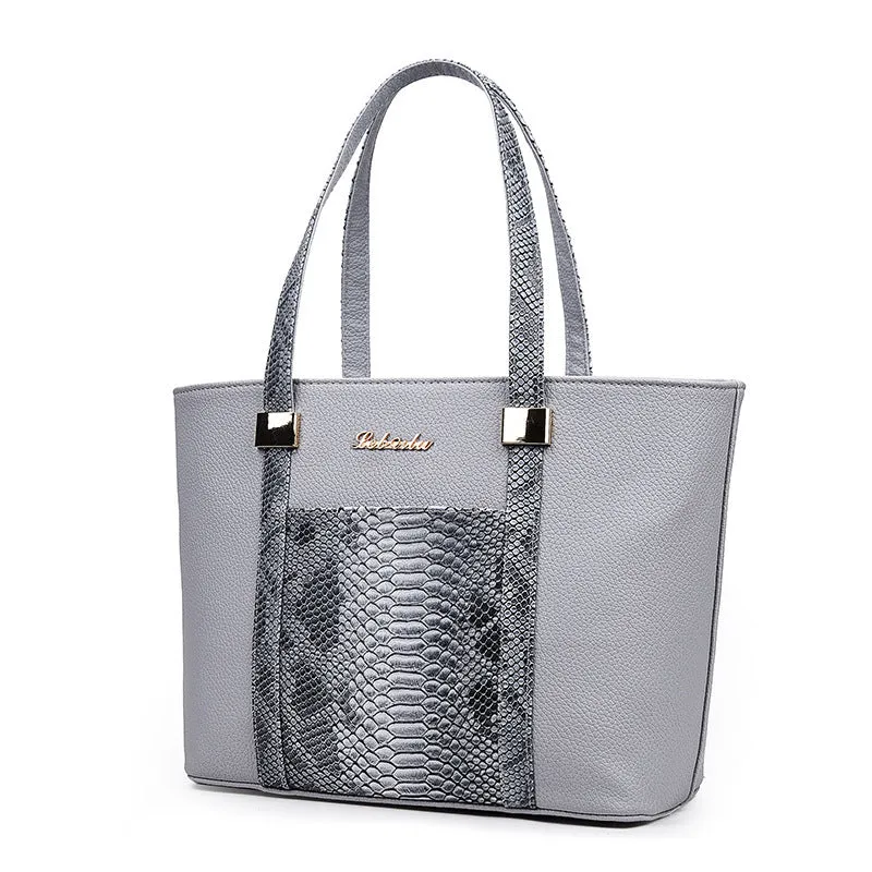 Women's shoulder bag set with handbag, wallet, card case in black, grey, white, rose red; square vertical shape with car stitching and zipper closure