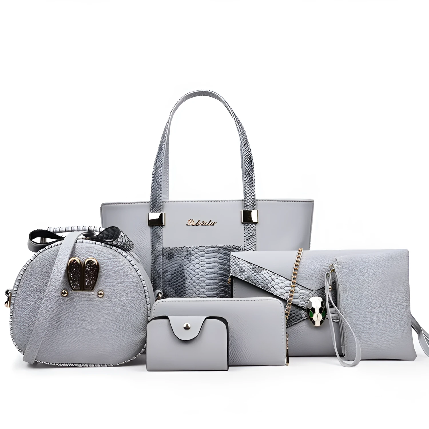 Women's shoulder bag set with handbag, wallet, card case in black, grey, white, rose red; square vertical shape with car stitching and zipper closure