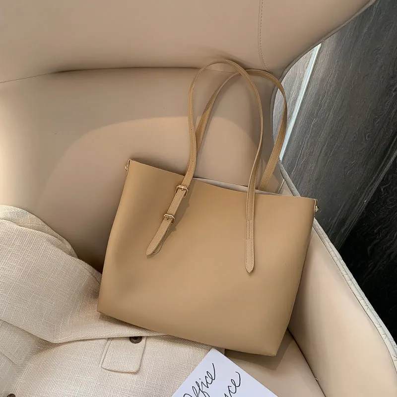 PU leather bucket tote bag for women in khaki, with wide opening and plain design